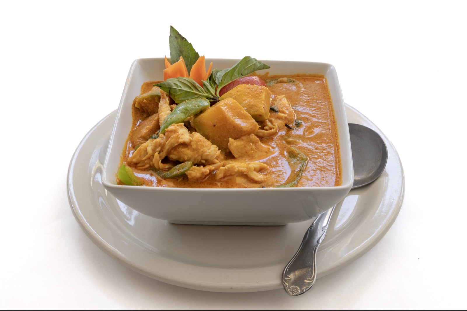 Panang curry with chicken potatoes bell peppers and Thai basil at Thai VP Bellevue